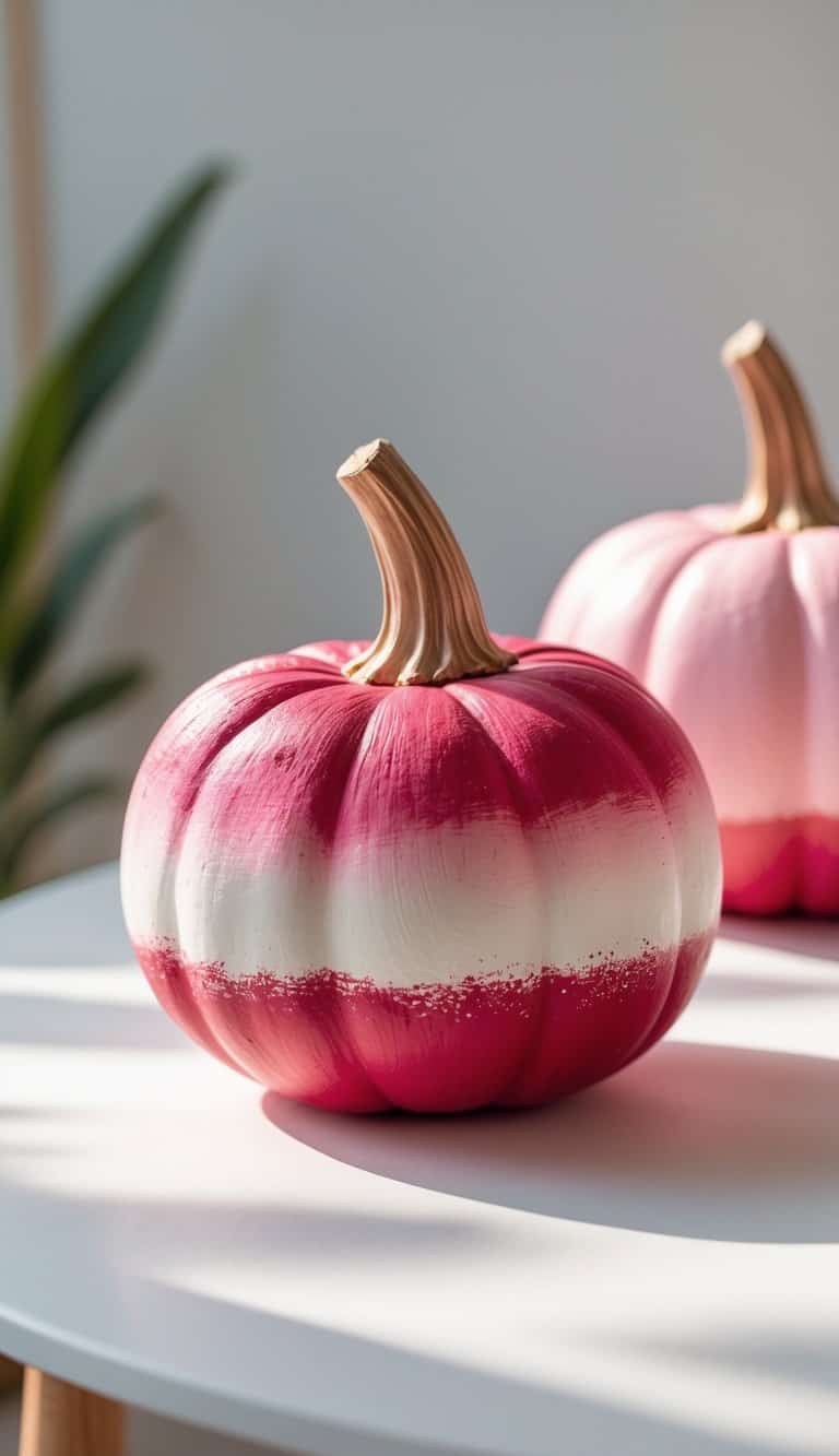 Close-up of one or two painted pumpkins with a red to pink gradient on a clean tabletop.