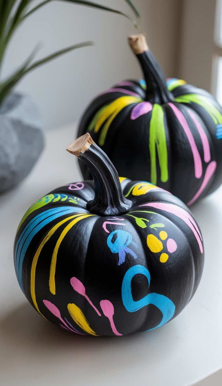 One to two pumpkins painted with colorful chalkboard-style designs on a tabletop.