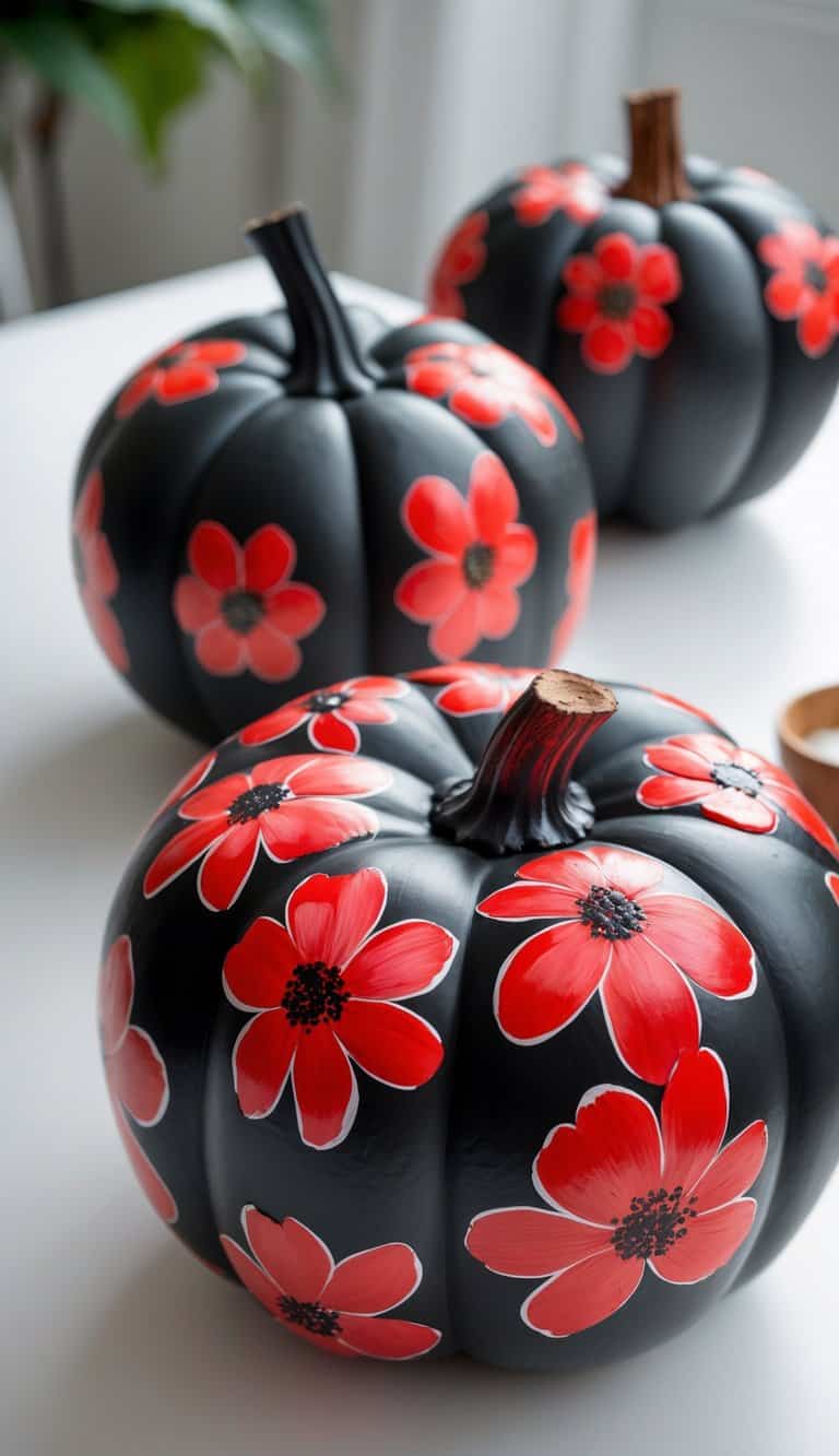 Close-up of one to two black pumpkins painted with bright red flowers on a plain tabletop.