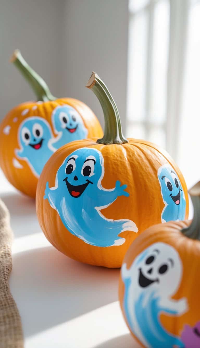 Close-up of one or two brightly painted pumpkins with friendly ghost faces on a simple tabletop.