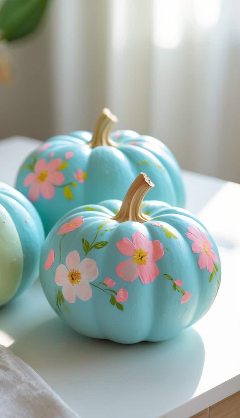 One or two pastel blue pumpkins with colorful floral painted designs on a clean tabletop under soft daylight.