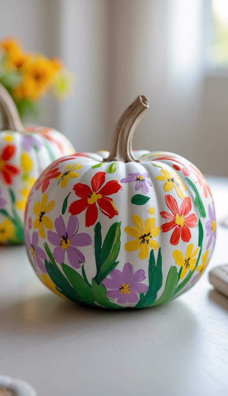Close-up of one or two pumpkins painted with colorful wildflower designs on a simple tabletop.