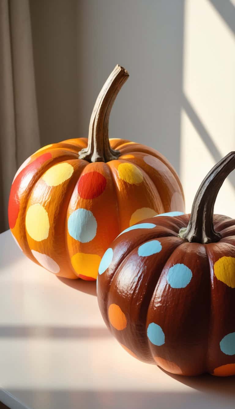 Close-up image of one to two pumpkins painted with colorful polka dots on a clean tabletop.