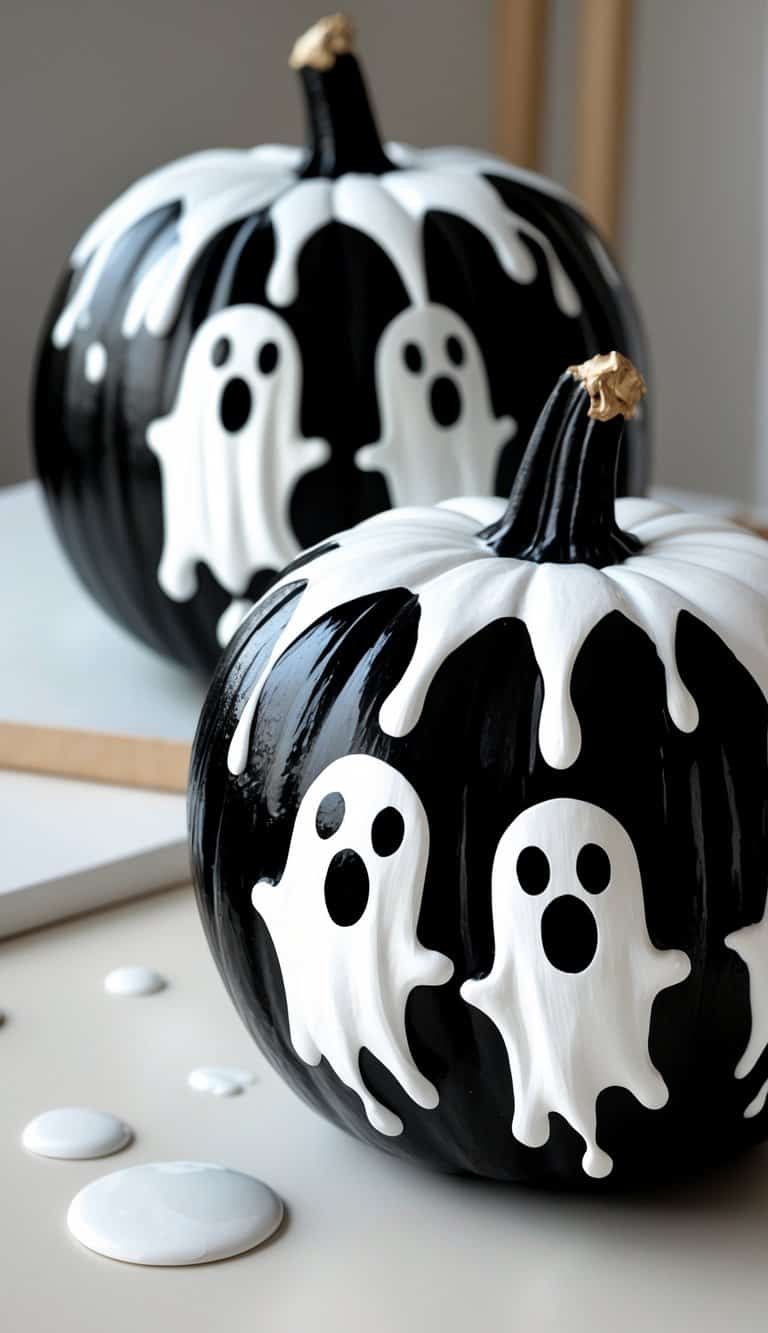 Close-up of one to two pumpkins painted with black and white ghost designs and dripping paint, placed on a tabletop with soft natural light.