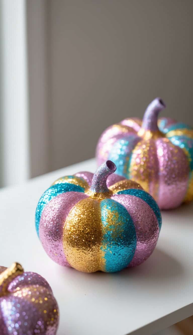 Close-up of one to two painted pumpkins with glitter on a tabletop.