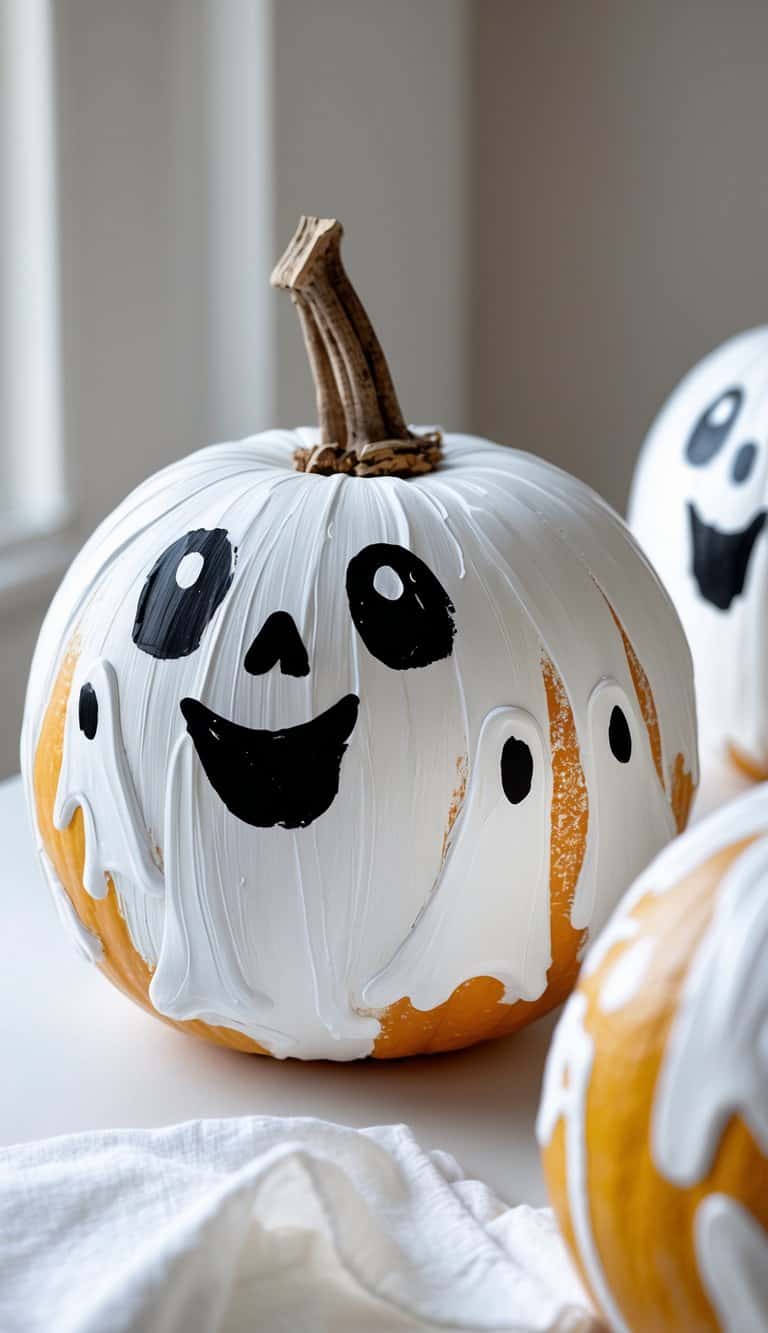 One or two pumpkins painted as ghosts with large eyes on a tabletop in natural light.