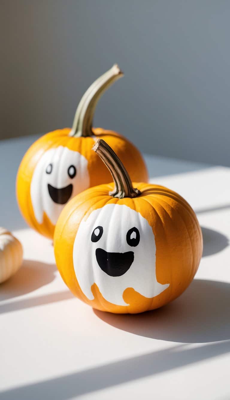 Close-up of one or two small pumpkins painted with simple ghost faces on a clean tabletop.