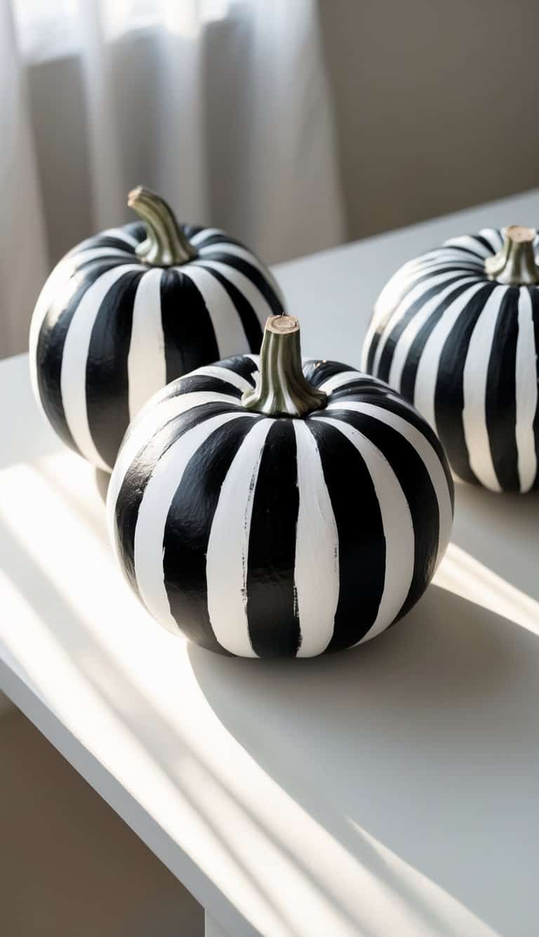 One or two pumpkins painted with black and white stripes placed on a tabletop in natural light.