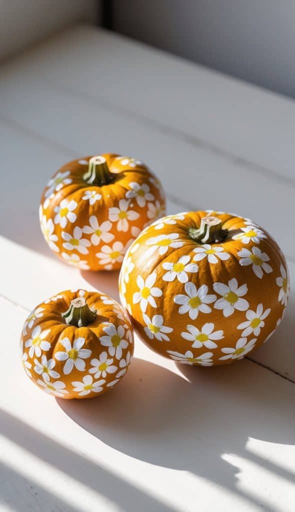 Three orange pumpkins of different sizes are decorated with hand-painted white and yellow daisy patterns, sitting on a white surface in natural light.