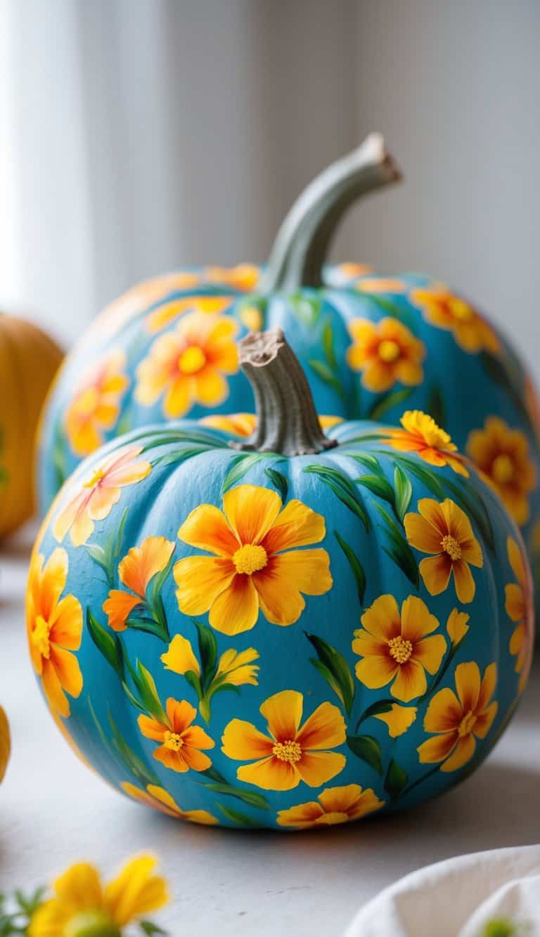 One to two pumpkins painted with bright marigold flowers placed on a tabletop in natural light.
