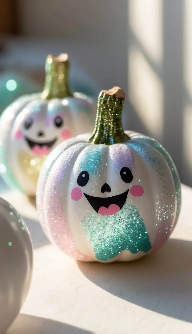 Close-up of one to two small pumpkins painted as ghosts with glitter, placed on a tabletop.