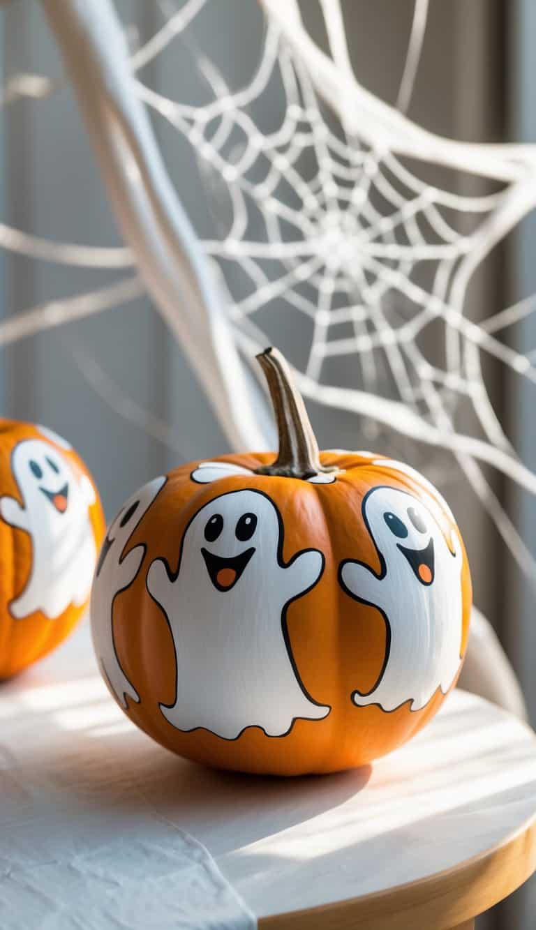Close-up of one or two pumpkins painted with playful ghost designs, set against a cobweb-patterned background on a tabletop.