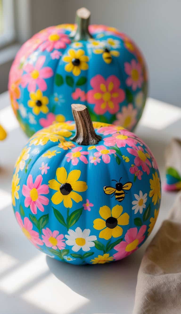 One or two painted pumpkins on a table, decorated with colorful flowers, bees, and butterflies.