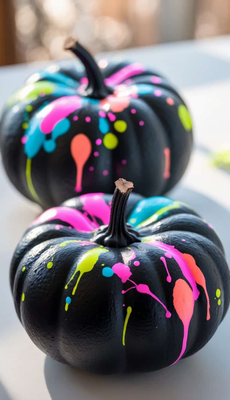 One or two black pumpkins with bright neon paint splatters on a tabletop.
