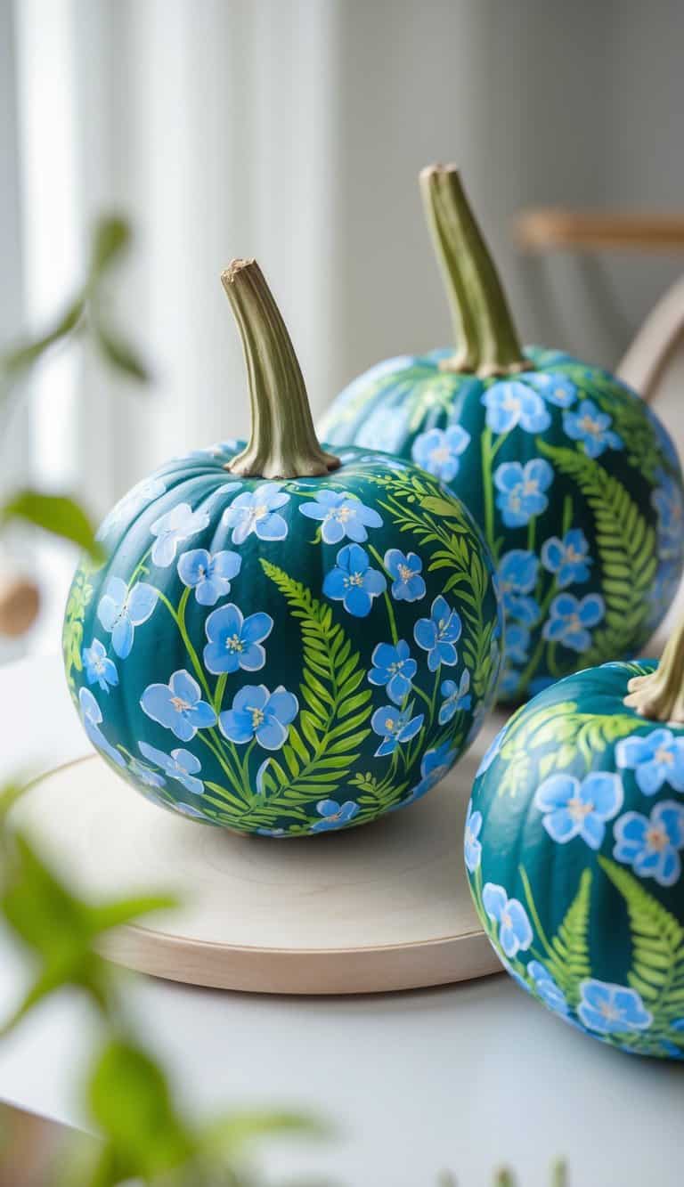 Close-up of one to two pumpkins painted with bluebell flowers and fern leaf designs on a clean tabletop.