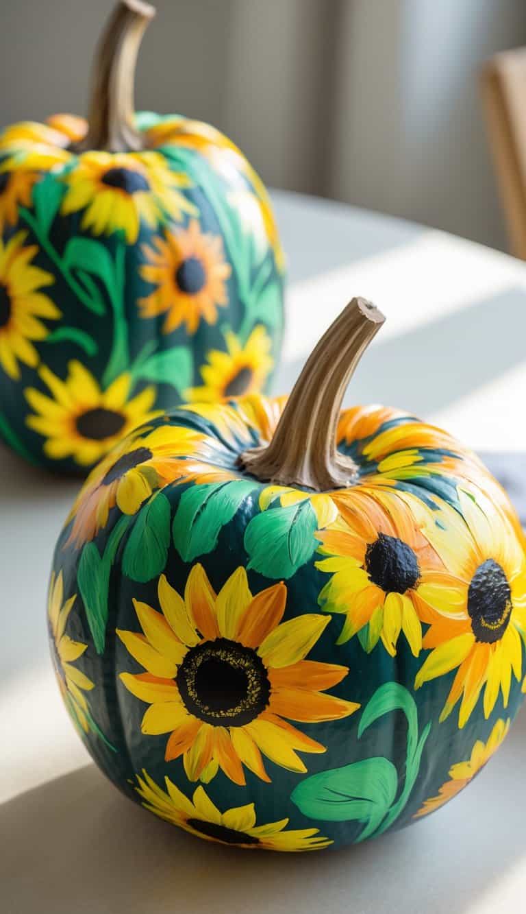 One or two pumpkins painted with bright sunflower designs placed on a tabletop.