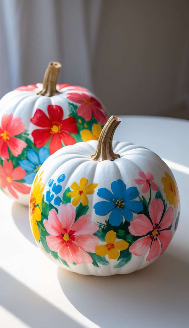 Close-up of one to two white pumpkins painted with colorful floral designs on a clean tabletop.