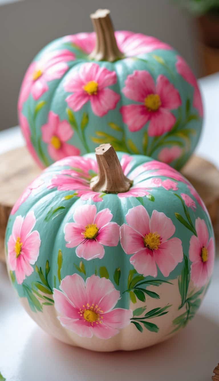 Close-up of one to two small pumpkins painted with bright pink cosmos flower designs on a clean tabletop.