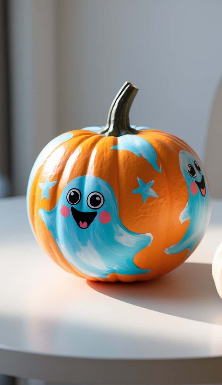 Close-up of one to two painted pumpkins with ghost faces featuring star-shaped eyes on a clean tabletop.