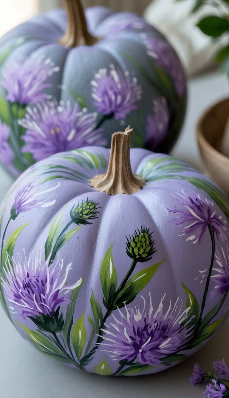 Close-up of one or two pumpkins hand-painted with detailed lavender and thistle flower designs on a clean tabletop.