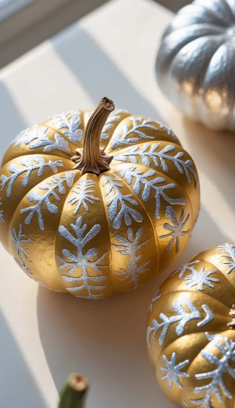 One to two pumpkins painted with gold and silver snowflake patterns on a tabletop.