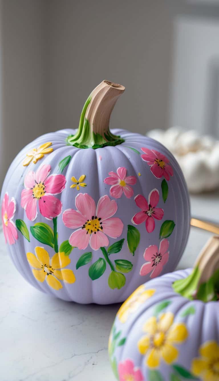 Close-up of one to two light purple pumpkins painted with colorful floral designs on a clean tabletop.