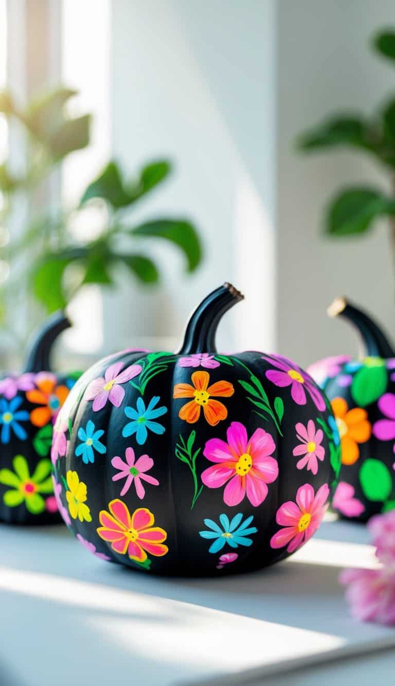 One or two black pumpkins painted with colorful neon floral designs on a clean tabletop.