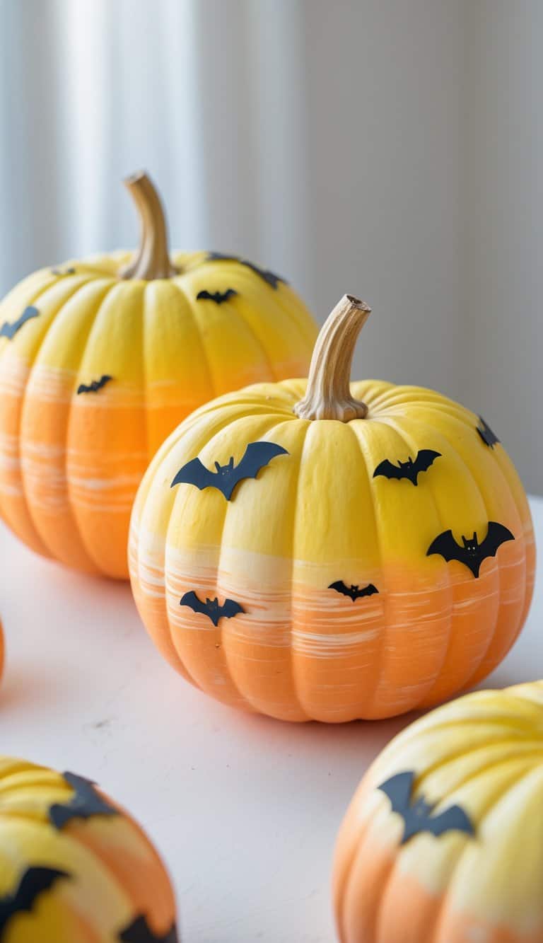 One or two painted pumpkins with black bat decorations on a tabletop.