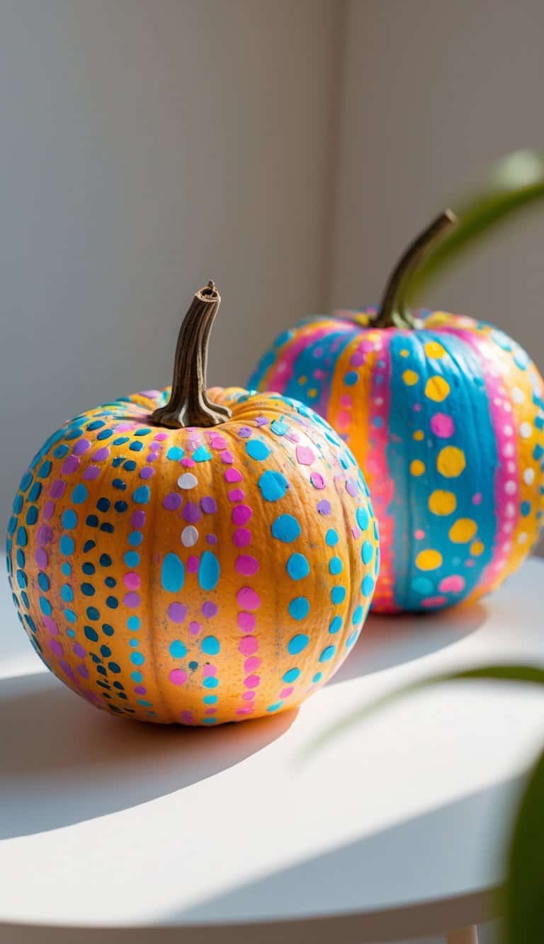 Close-up of one to two painted pumpkins with colorful dot-to-dot designs on a tabletop.