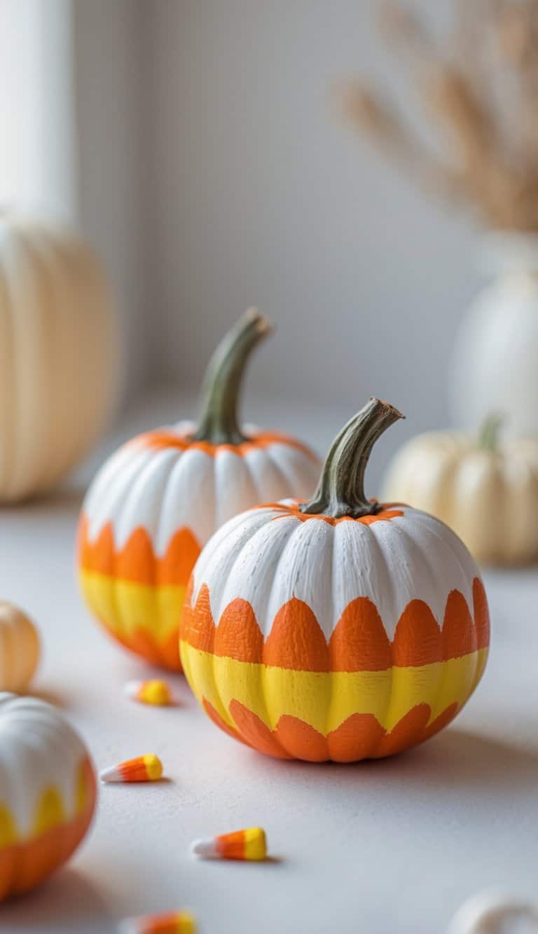 Close-up of one to two small pumpkins painted with colorful candy corn designs on a tabletop.
