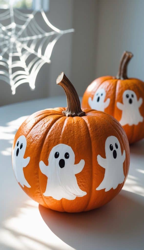 Two pumpkins painted with white cartoon ghosts sit on a table near a window, with a decorative spiderweb in the background.