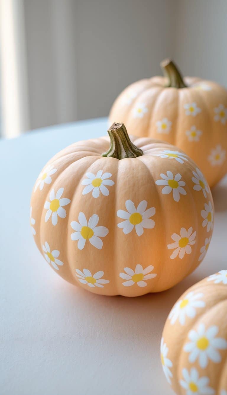 Close-up of one to two light orange pumpkins painted with small white and yellow daisy dots on a clean tabletop.
