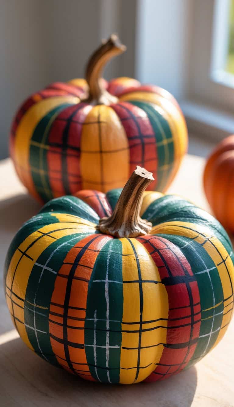 One or two pumpkins painted with colorful fall plaid stripes placed on a clean tabletop under soft daylight.
