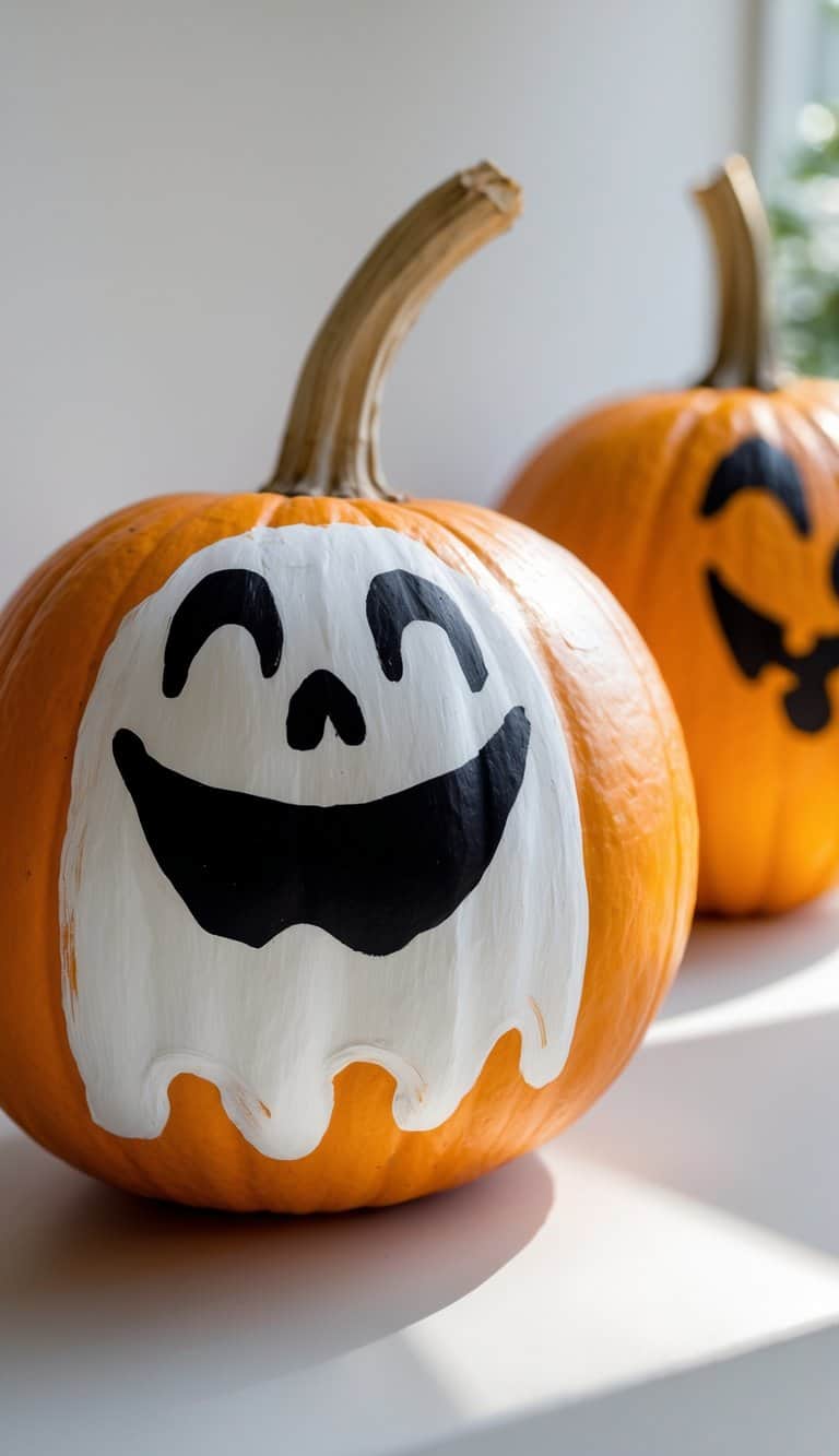 Close-up of one to two pumpkins painted with ghost faces on a tabletop.