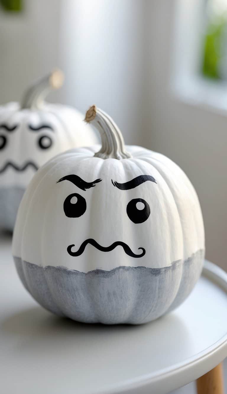 Close-up of one to two ghost-themed pumpkins painted with grumpy faces on a clean tabletop.