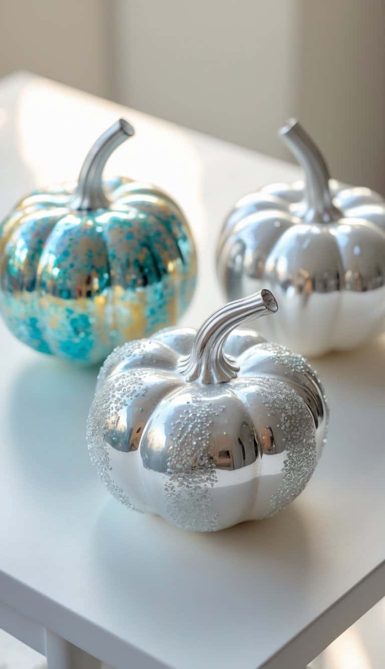 Close-up of one or two small painted pumpkins with shiny silver and pearl finishes on a clean tabletop.