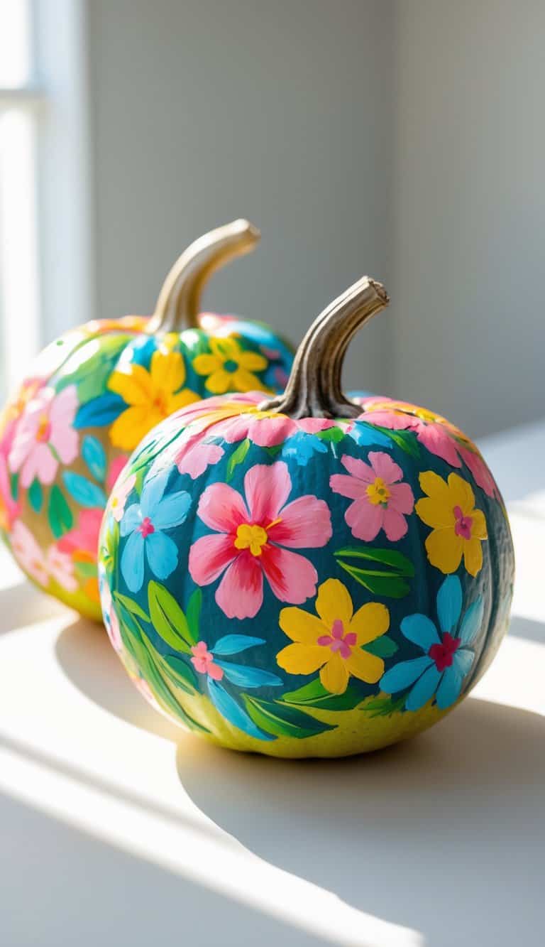 One to two pumpkins on a table, each decorated with colorful hand-painted floral designs.