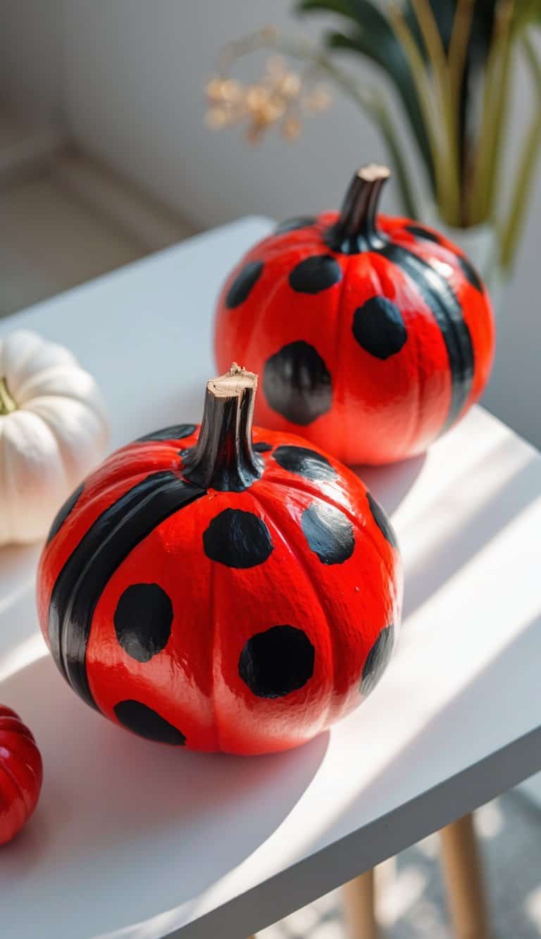 One to two pumpkins painted like ladybugs with red and black spots on a clean tabletop.