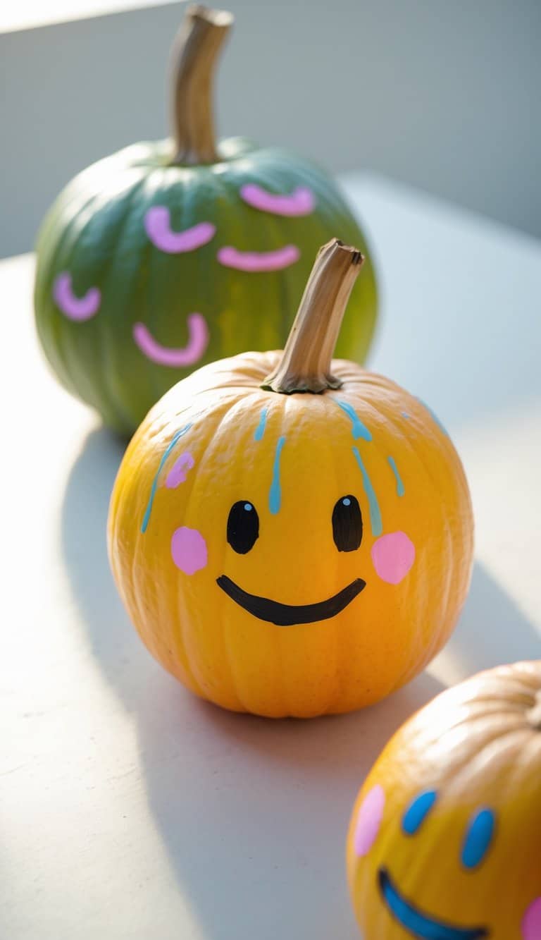 One to two pumpkins painted with colorful smiley faces placed on a tabletop.