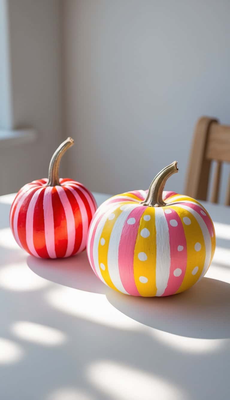 One to two small pumpkins painted with colorful stripes and dots on a clean tabletop under soft daylight.