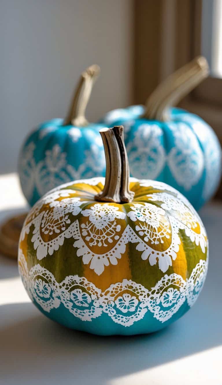 One to two pumpkins painted with white lace stencil designs on a clean tabletop.
