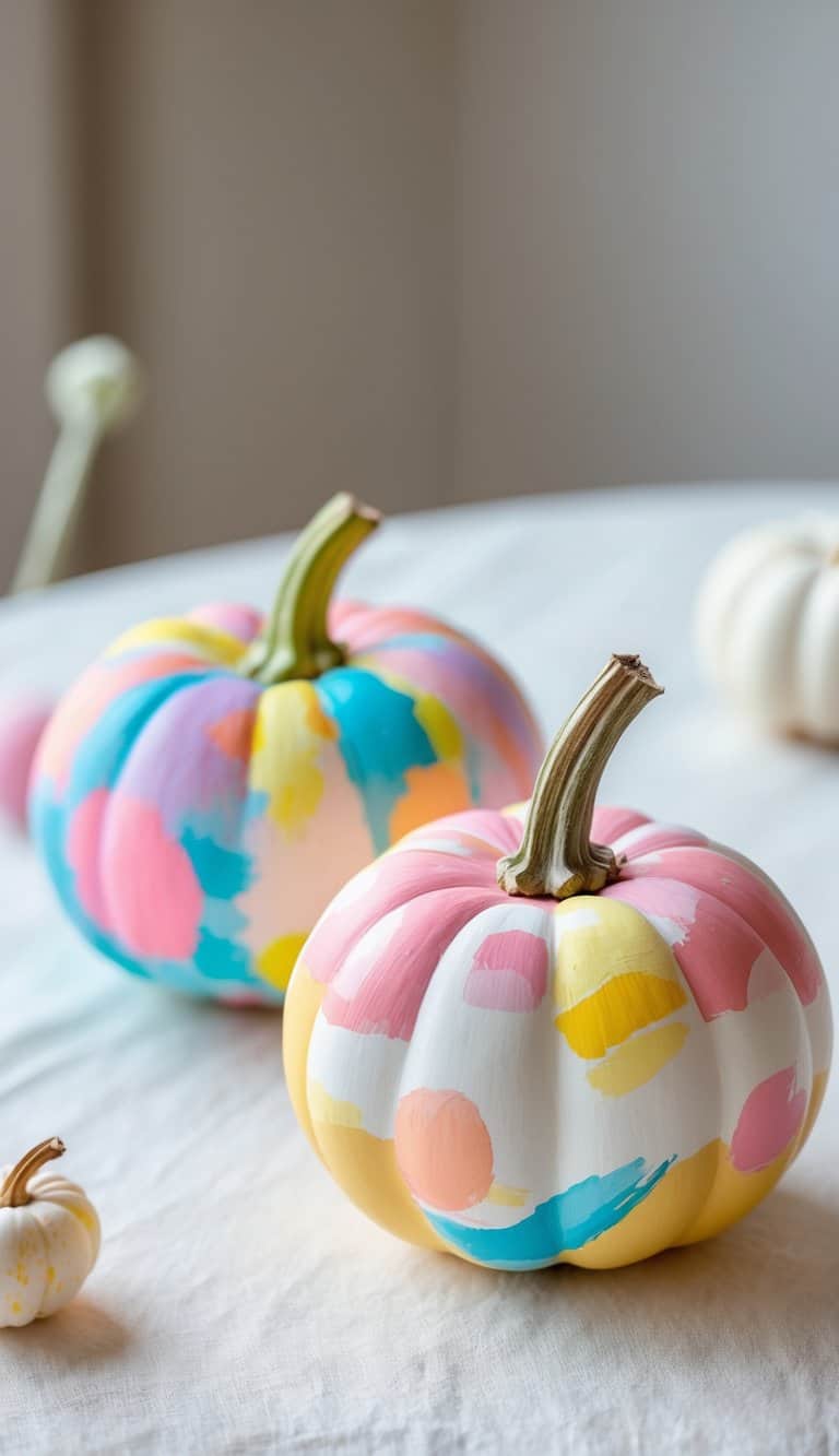 Close-up of one to two painted pumpkins on a tabletop with colorful, playful designs and a clean background.