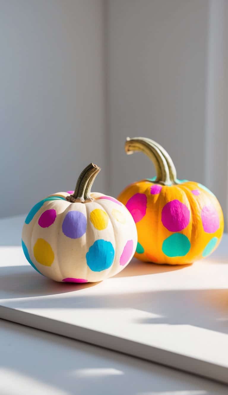 One to two small pumpkins painted with colorful polka dots placed on a clean tabletop.