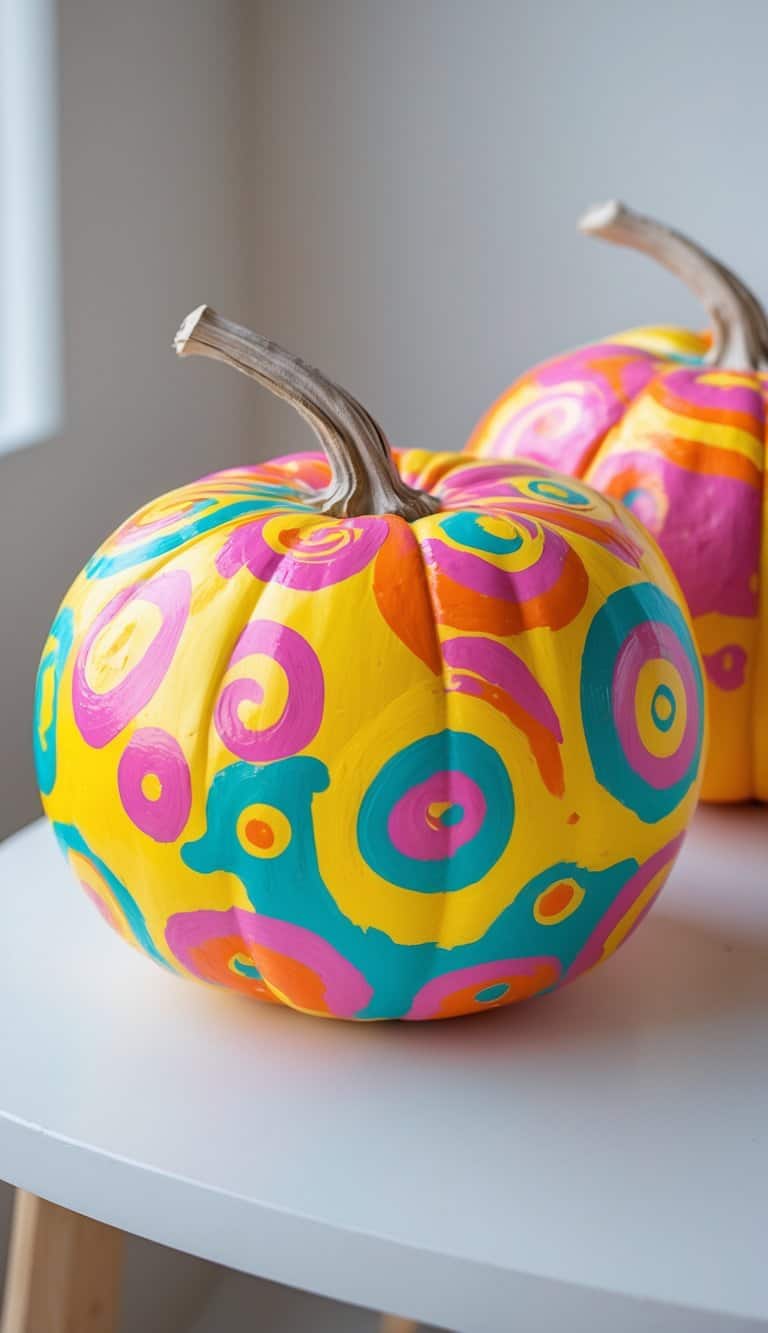 One or two pumpkins painted with colorful swirl patterns on a clean tabletop.