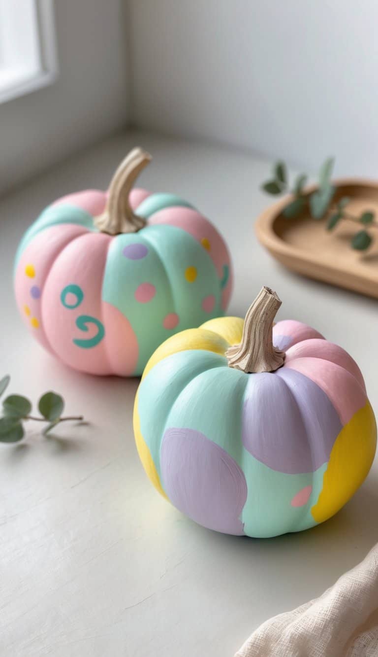 Close-up of one to two small pumpkins painted with colorful pastel designs on a simple tabletop.