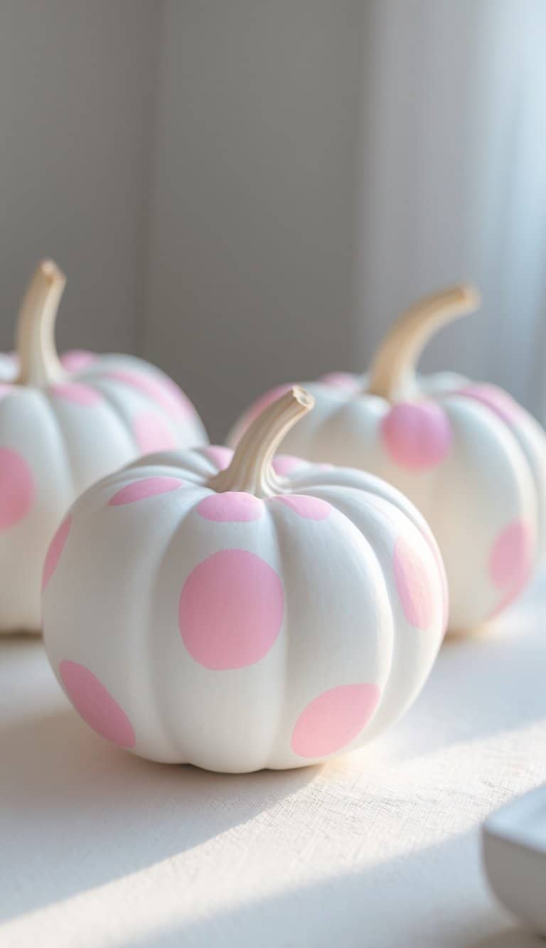 Close-up of one to two white pumpkins painted with pastel pink polka dots on a clean tabletop.