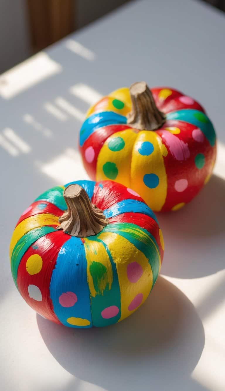 Close-up of one to two small pumpkins painted with colorful polka dots and stripes on a plain tabletop.