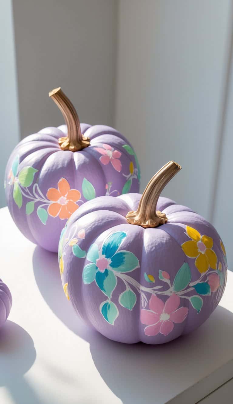 Close-up of one to two lavender pumpkins hand-painted with colorful floral vine designs on a clean tabletop.