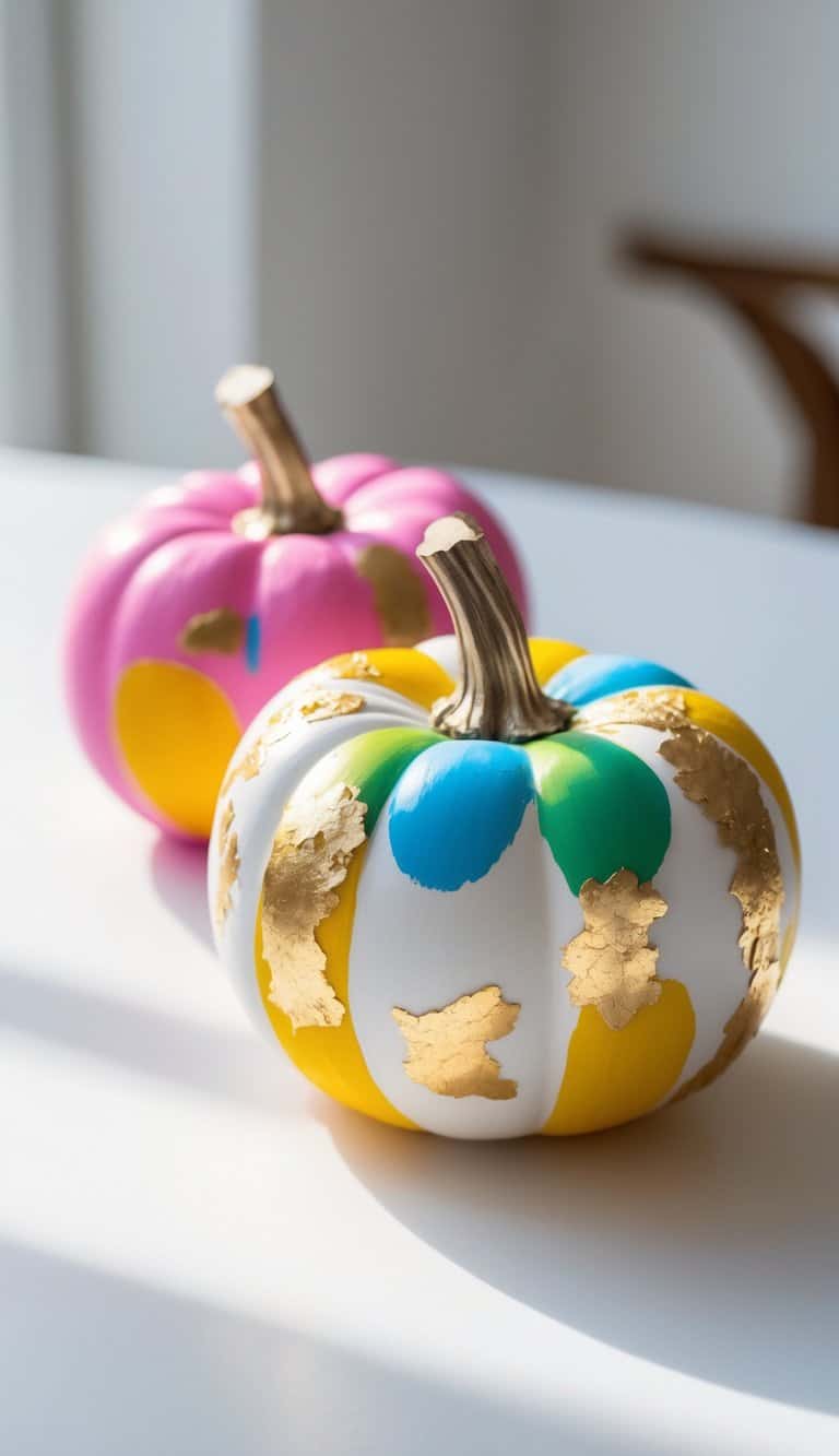 One to two small white pumpkins decorated with gold leaf flakes and colorful painted designs on a clean tabletop.