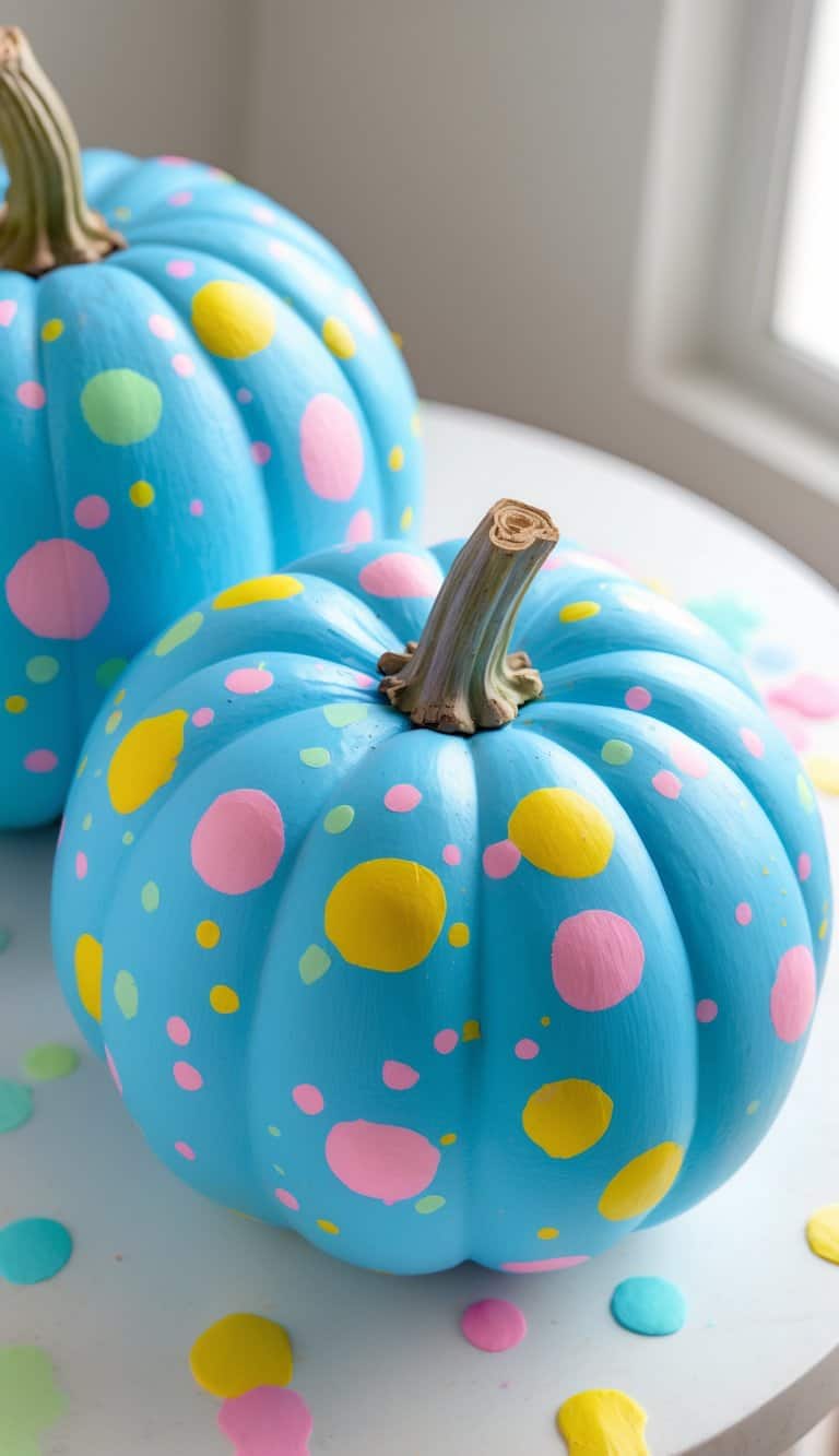One to two sky blue pumpkins with pastel confetti dots on a clean tabletop under soft daylight.